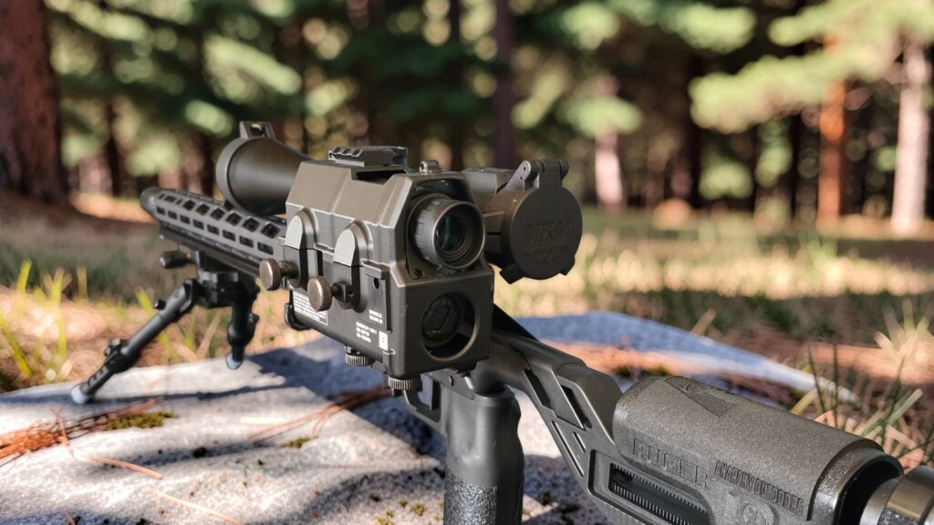 Sightlok RF-1 rangefinder mount on a rifle in the field, rangefinder co-witnessed to the scope