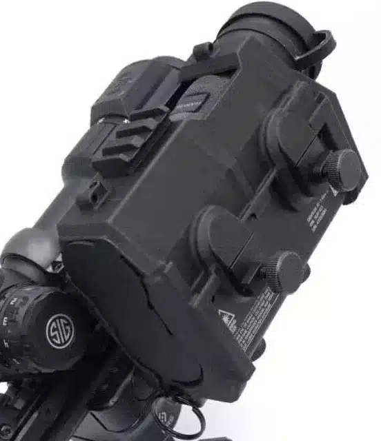 Sightlok RF-1 Gen 3 rangefinder mount with polymer protective cover mounted next to a Sig Sauer scope